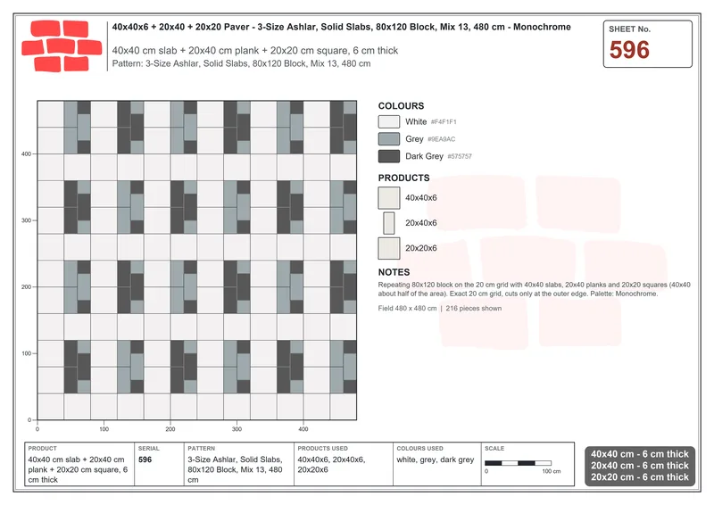 Interlock (Pasco) 40x40 cm · SQ44-596 · 3-Size Ashlar, Solid Slabs, 80x120 Block, Mix 13, 480 cm · Laying plan Interlock (Pasco) 40x40 cm · SQ44-596 · 3-Size Ashlar, Solid Slabs, 80x120 Block, Mix 13, 480 cm · Laying plan