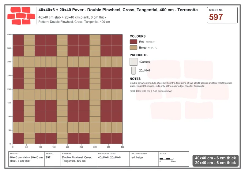 Interlock (Pasco) 40x40 cm · SQ44-597 · Double Pinwheel, Cross, Tangential, 400 cm · Laying plan Interlock (Pasco) 40x40 cm · SQ44-597 · Double Pinwheel, Cross, Tangential, 400 cm · Laying plan