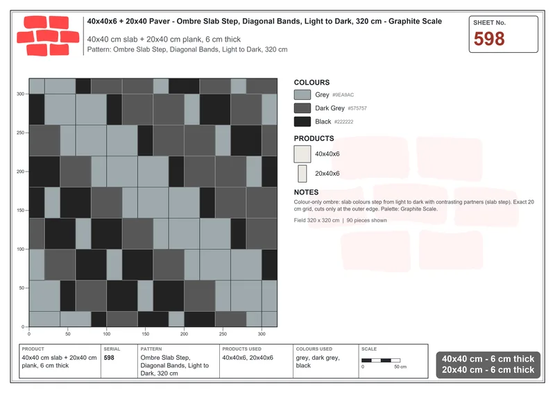 Interlock (Pasco) 40x40 cm · SQ44-598 · Ombre Slab Step, Diagonal Bands, Light to Dark, 320 cm · Laying plan Interlock (Pasco) 40x40 cm · SQ44-598 · Ombre Slab Step, Diagonal Bands, Light to Dark, 320 cm · Laying plan