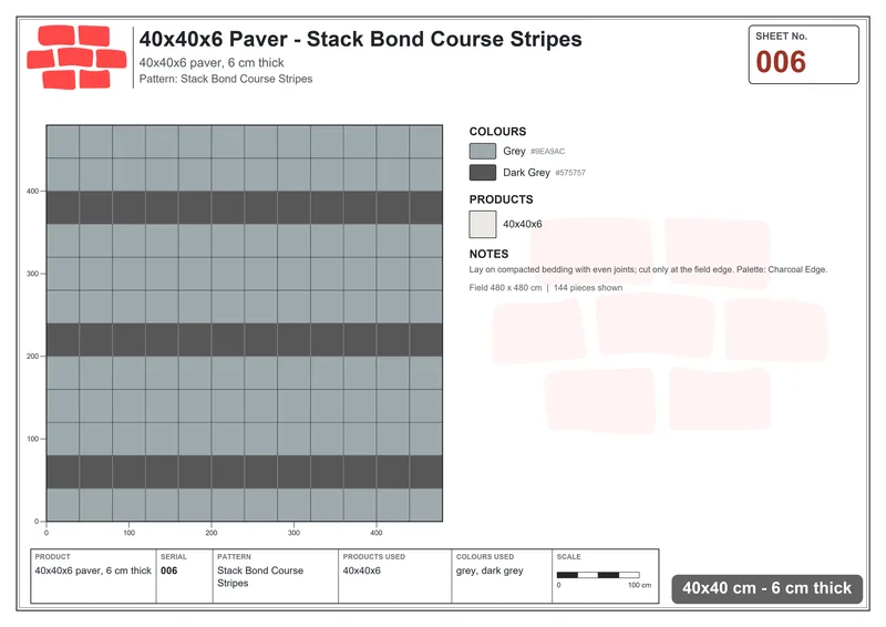 Interlock (Pasco) 40x40 cm · SQ44-6 · Stack Bond Course Stripes · Laying plan Interlock (Pasco) 40x40 cm · SQ44-6 · Stack Bond Course Stripes · Laying plan