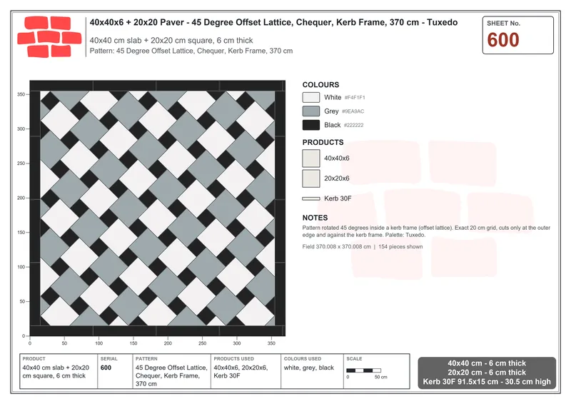 Interlock (Pasco) 40x40 cm · SQ44-600 · 45 Degree Offset Lattice, Chequer, Kerb Frame, 370 cm · Laying plan Interlock (Pasco) 40x40 cm · SQ44-600 · 45 Degree Offset Lattice, Chequer, Kerb Frame, 370 cm · Laying plan