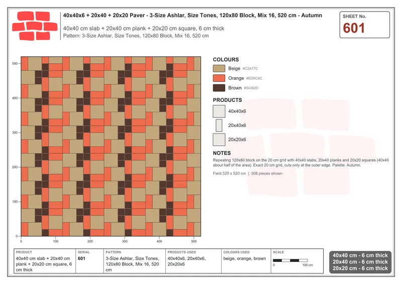 Interlock (Pasco) 40x40 cm · SQ44-601 · 3-Size Ashlar, Size Tones, 120x80 Block, Mix 16, 520 cm · Laying plan Interlock (Pasco) 40x40 cm · SQ44-601 · 3-Size Ashlar, Size Tones, 120x80 Block, Mix 16, 520 cm · Laying plan