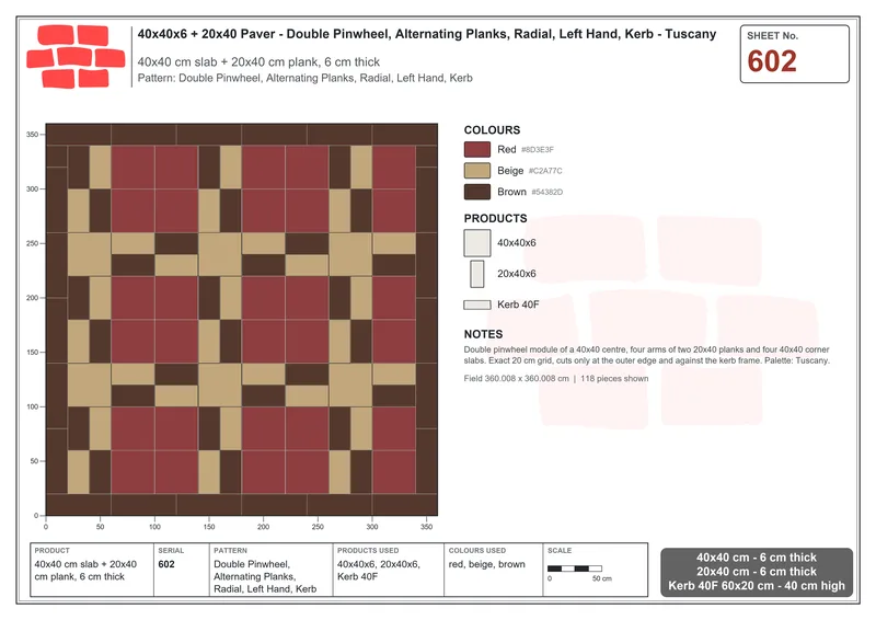 Interlock (Pasco) 40x40 cm · SQ44-602 · Double Pinwheel, Alternating Planks, Radial, Left Hand, Kerb · Laying plan Interlock (Pasco) 40x40 cm · SQ44-602 · Double Pinwheel, Alternating Planks, Radial, Left Hand, Kerb · Laying plan