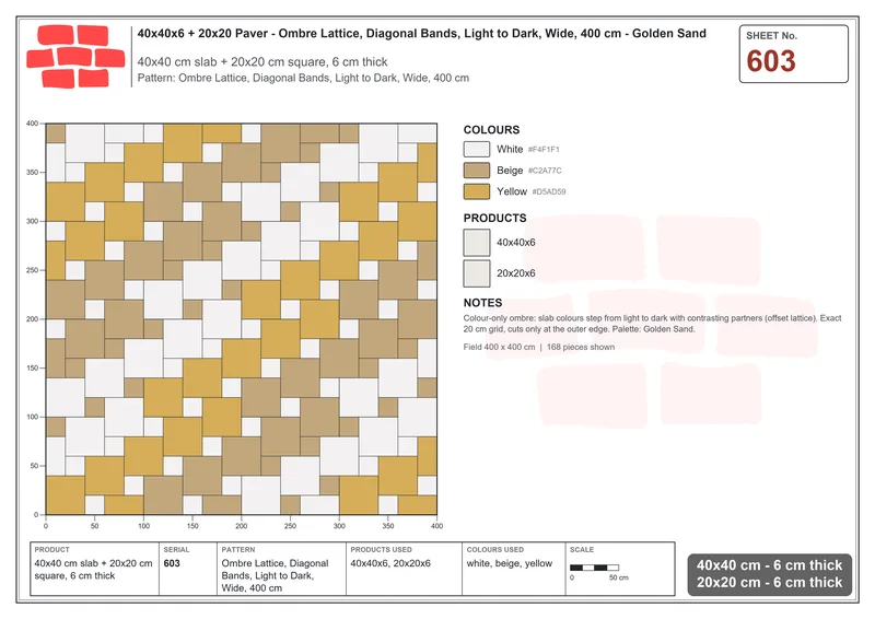 Interlock (Pasco) 40x40 cm · SQ44-603 · Ombre Lattice, Diagonal Bands, Light to Dark, Wide, 400 cm · Laying plan Interlock (Pasco) 40x40 cm · SQ44-603 · Ombre Lattice, Diagonal Bands, Light to Dark, Wide, 400 cm · Laying plan
