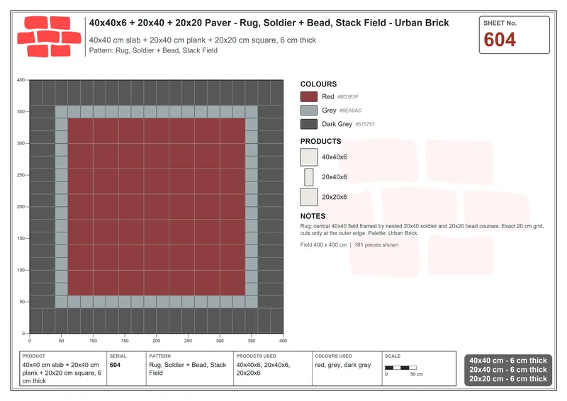 Interlock (Pasco) 40x40 cm · SQ44-604 · Rug, Soldier + Bead, Stack Field · Laying plan Interlock (Pasco) 40x40 cm · SQ44-604 · Rug, Soldier + Bead, Stack Field · Laying plan