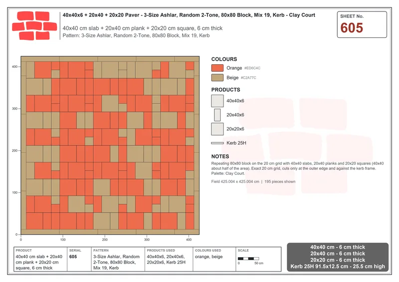 Interlock (Pasco) 40x40 cm · SQ44-605 · 3-Size Ashlar, Random 2-Tone, 80x80 Block, Mix 19, Kerb · Laying plan Interlock (Pasco) 40x40 cm · SQ44-605 · 3-Size Ashlar, Random 2-Tone, 80x80 Block, Mix 19, Kerb · Laying plan