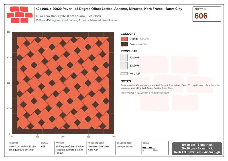 Interlock (Pasco) 40x40 cm · SQ44-606 · 45 Degree Offset Lattice, Accents, Mirrored, Kerb Frame · Laying plan Interlock (Pasco) 40x40 cm · SQ44-606 · 45 Degree Offset Lattice, Accents, Mirrored, Kerb Frame · Laying plan