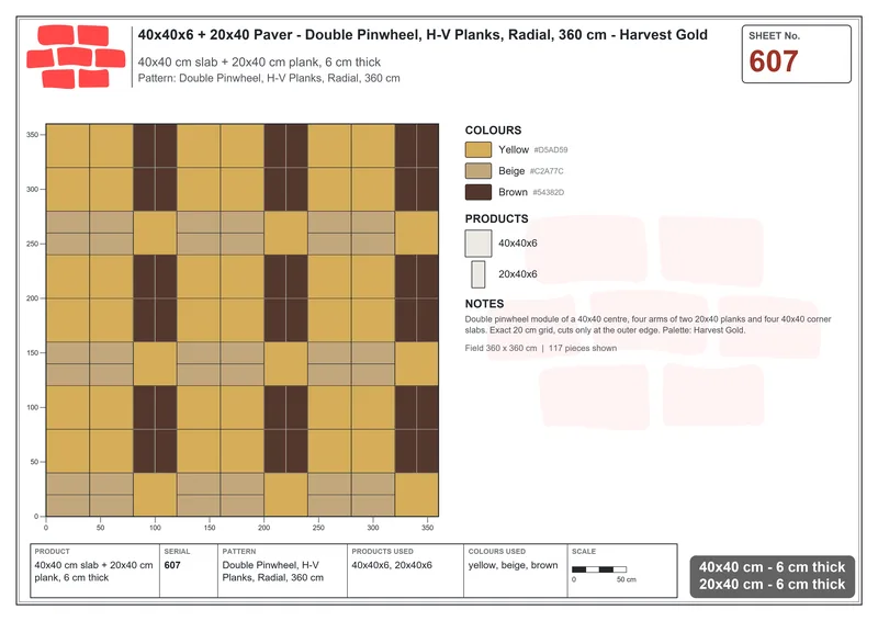 Interlock (Pasco) 40x40 cm · SQ44-607 · Double Pinwheel, H-V Planks, Radial, 360 cm · Laying plan Interlock (Pasco) 40x40 cm · SQ44-607 · Double Pinwheel, H-V Planks, Radial, 360 cm · Laying plan