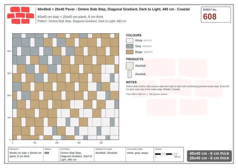 Interlock (Pasco) 40x40 cm · SQ44-608 · Ombre Slab Step, Diagonal Gradient, Dark to Light, 480 cm · Laying plan Interlock (Pasco) 40x40 cm · SQ44-608 · Ombre Slab Step, Diagonal Gradient, Dark to Light, 480 cm · Laying plan