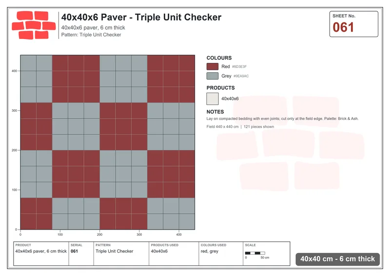 Interlock (Pasco) 40x40 cm · SQ44-61 · Triple Unit Checker · Laying plan Interlock (Pasco) 40x40 cm · SQ44-61 · Triple Unit Checker · Laying plan