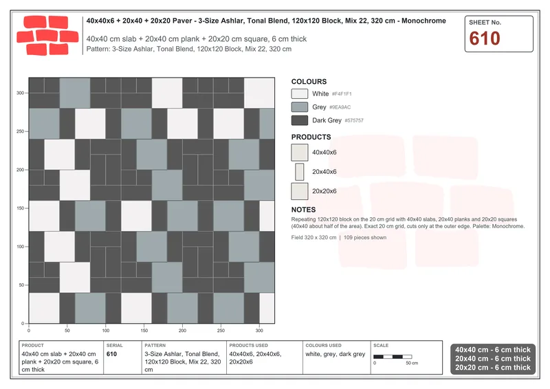 Interlock (Pasco) 40x40 cm · SQ44-610 · 3-Size Ashlar, Tonal Blend, 120x120 Block, Mix 22, 320 cm · Laying plan Interlock (Pasco) 40x40 cm · SQ44-610 · 3-Size Ashlar, Tonal Blend, 120x120 Block, Mix 22, 320 cm · Laying plan