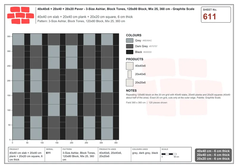 Interlock (Pasco) 40x40 cm · SQ44-611 · 3-Size Ashlar, Block Tones, 120x80 Block, Mix 25, 360 cm · Laying plan Interlock (Pasco) 40x40 cm · SQ44-611 · 3-Size Ashlar, Block Tones, 120x80 Block, Mix 25, 360 cm · Laying plan