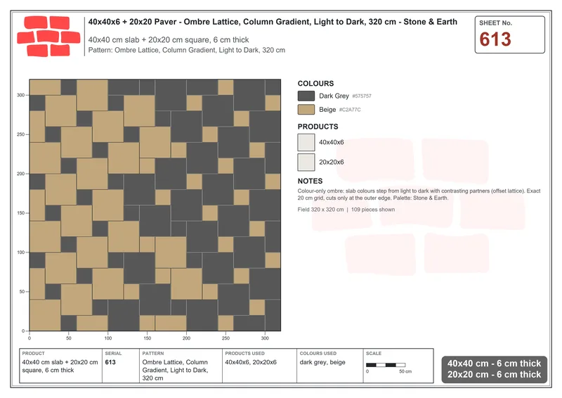 Interlock (Pasco) 40x40 cm · SQ44-613 · Ombre Lattice, Column Gradient, Light to Dark, 320 cm · Laying plan Interlock (Pasco) 40x40 cm · SQ44-613 · Ombre Lattice, Column Gradient, Light to Dark, 320 cm · Laying plan