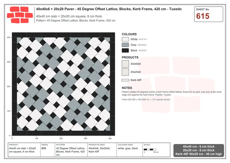 Interlock (Pasco) 40x40 cm · SQ44-615 · 45 Degree Offset Lattice, Blocks, Kerb Frame, 420 cm · Laying plan Interlock (Pasco) 40x40 cm · SQ44-615 · 45 Degree Offset Lattice, Blocks, Kerb Frame, 420 cm · Laying plan