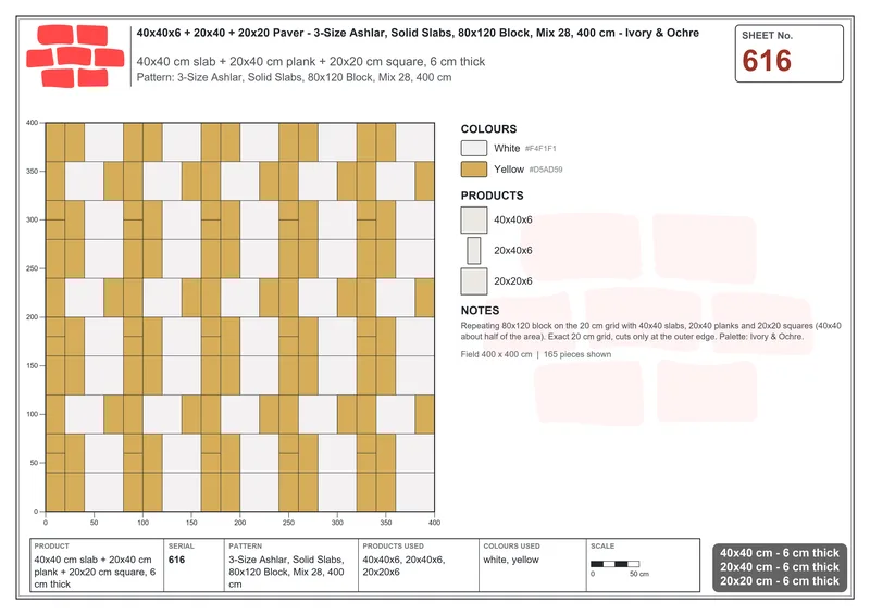 Interlock (Pasco) 40x40 cm · SQ44-616 · 3-Size Ashlar, Solid Slabs, 80x120 Block, Mix 28, 400 cm · Laying plan Interlock (Pasco) 40x40 cm · SQ44-616 · 3-Size Ashlar, Solid Slabs, 80x120 Block, Mix 28, 400 cm · Laying plan