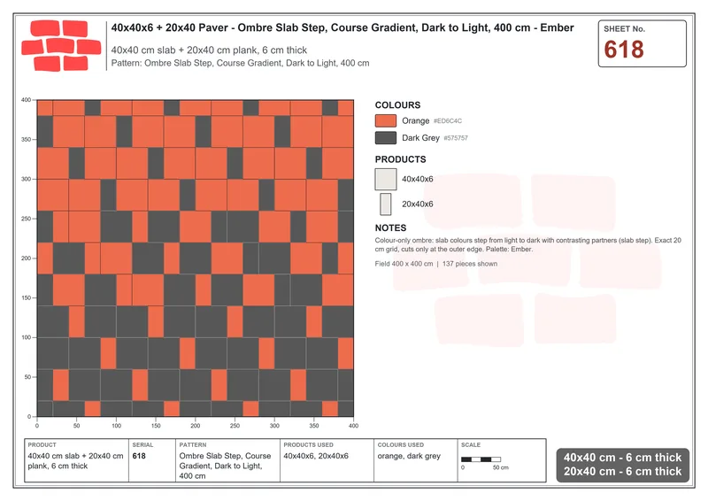 Interlock (Pasco) 40x40 cm · SQ44-618 · Ombre Slab Step, Course Gradient, Dark to Light, 400 cm · Laying plan Interlock (Pasco) 40x40 cm · SQ44-618 · Ombre Slab Step, Course Gradient, Dark to Light, 400 cm · Laying plan