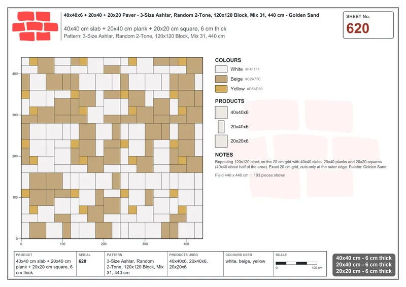 Interlock (Pasco) 40x40 cm · SQ44-620 · 3-Size Ashlar, Random 2-Tone, 120x120 Block, Mix 31, 440 cm · Laying plan Interlock (Pasco) 40x40 cm · SQ44-620 · 3-Size Ashlar, Random 2-Tone, 120x120 Block, Mix 31, 440 cm · Laying plan