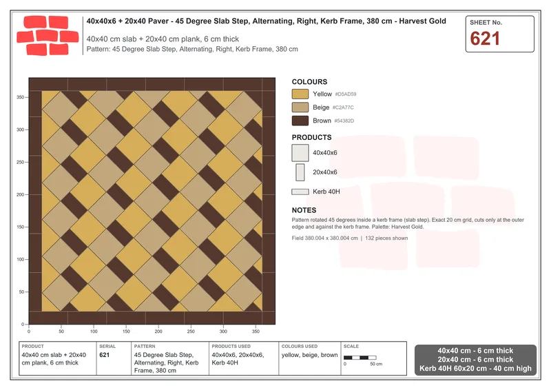Interlock (Pasco) 40x40 cm · SQ44-621 · 45 Degree Slab Step, Alternating, Right, Kerb Frame, 380 cm · Laying plan Interlock (Pasco) 40x40 cm · SQ44-621 · 45 Degree Slab Step, Alternating, Right, Kerb Frame, 380 cm · Laying plan