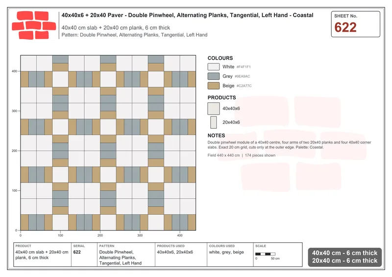 Interlock (Pasco) 40x40 cm · SQ44-622 · Double Pinwheel, Alternating Planks, Tangential, Left Hand · Laying plan Interlock (Pasco) 40x40 cm · SQ44-622 · Double Pinwheel, Alternating Planks, Tangential, Left Hand · Laying plan