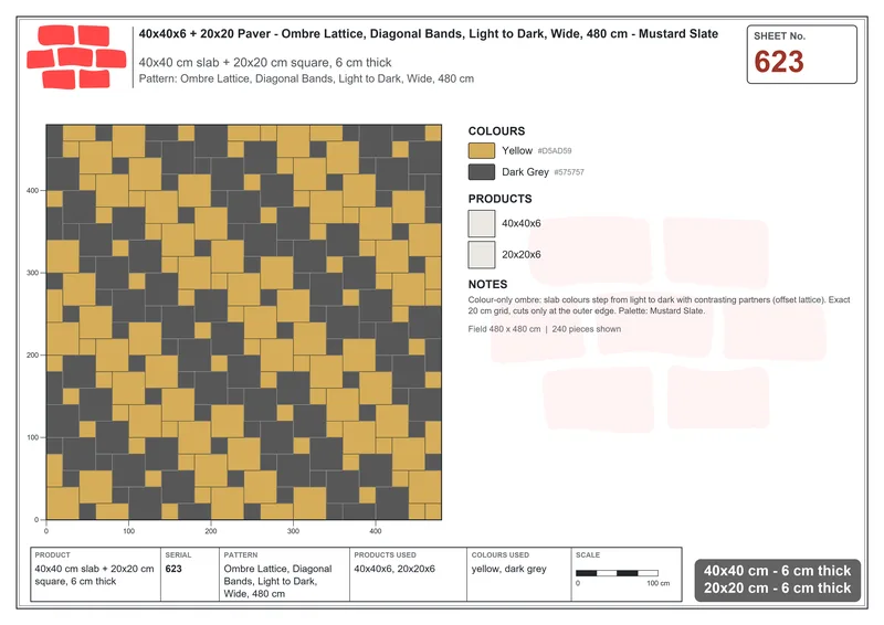 Interlock (Pasco) 40x40 cm · SQ44-623 · Ombre Lattice, Diagonal Bands, Light to Dark, Wide, 480 cm · Laying plan Interlock (Pasco) 40x40 cm · SQ44-623 · Ombre Lattice, Diagonal Bands, Light to Dark, Wide, 480 cm · Laying plan