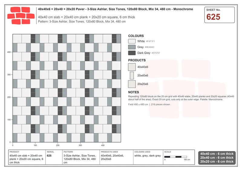 Interlock (Pasco) 40x40 cm · SQ44-625 · 3-Size Ashlar, Size Tones, 120x80 Block, Mix 34, 480 cm · Laying plan Interlock (Pasco) 40x40 cm · SQ44-625 · 3-Size Ashlar, Size Tones, 120x80 Block, Mix 34, 480 cm · Laying plan