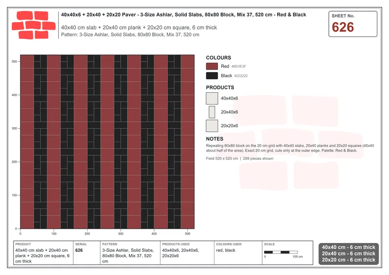 Interlock (Pasco) 40x40 cm · SQ44-626 · 3-Size Ashlar, Solid Slabs, 80x80 Block, Mix 37, 520 cm · Laying plan Interlock (Pasco) 40x40 cm · SQ44-626 · 3-Size Ashlar, Solid Slabs, 80x80 Block, Mix 37, 520 cm · Laying plan