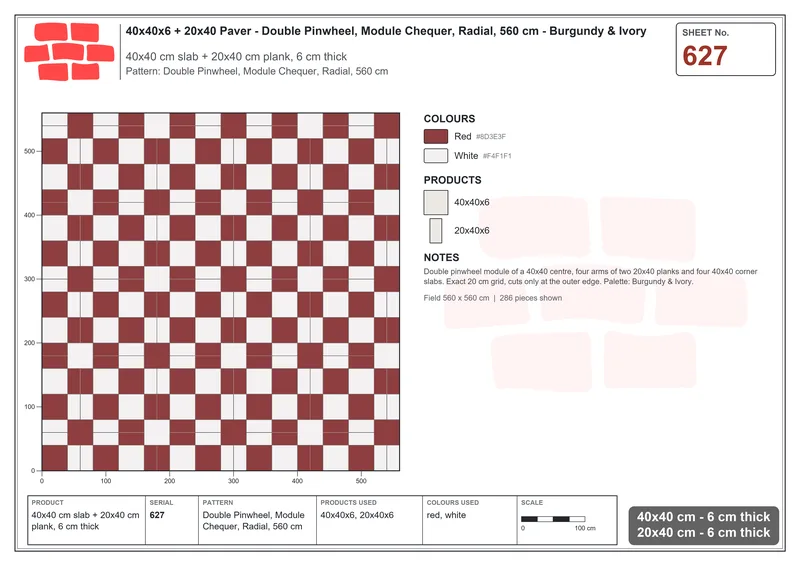 Interlock (Pasco) 40x40 cm · SQ44-627 · Double Pinwheel, Module Chequer, Radial, 560 cm · Laying plan Interlock (Pasco) 40x40 cm · SQ44-627 · Double Pinwheel, Module Chequer, Radial, 560 cm · Laying plan
