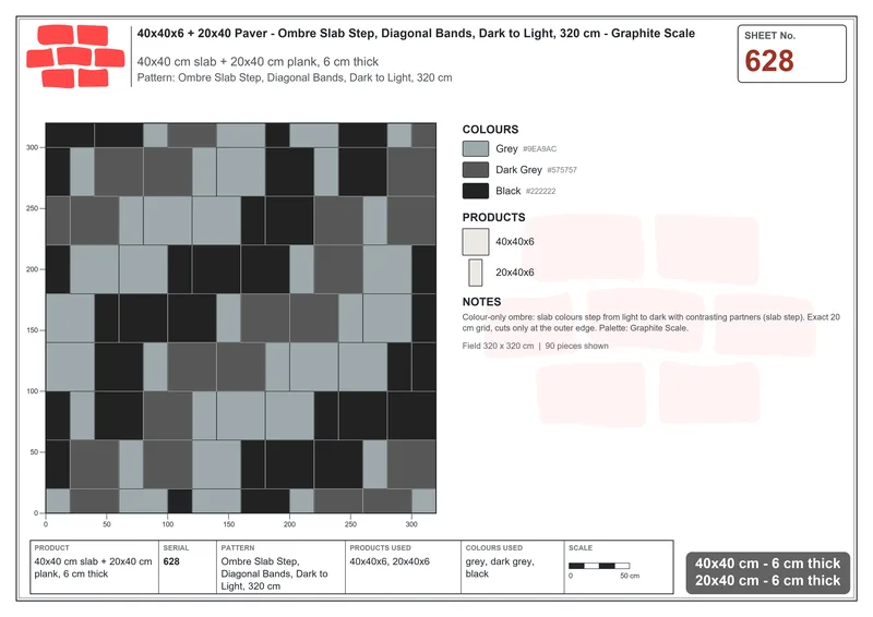 Interlock (Pasco) 40x40 cm · SQ44-628 · Ombre Slab Step, Diagonal Bands, Dark to Light, 320 cm · Laying plan Interlock (Pasco) 40x40 cm · SQ44-628 · Ombre Slab Step, Diagonal Bands, Dark to Light, 320 cm · Laying plan