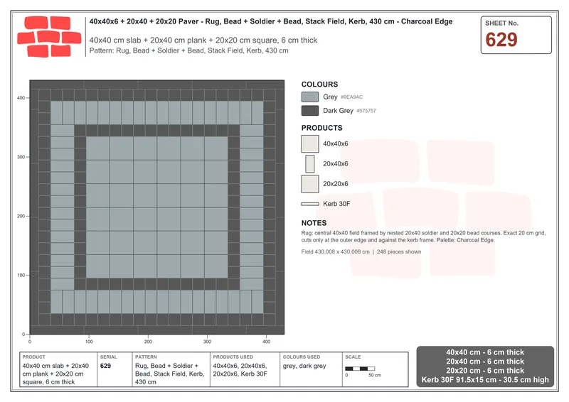 Interlock (Pasco) 40x40 cm · SQ44-629 · Rug, Bead + Soldier + Bead, Stack Field, Kerb, 430 cm · Laying plan Interlock (Pasco) 40x40 cm · SQ44-629 · Rug, Bead + Soldier + Bead, Stack Field, Kerb, 430 cm · Laying plan