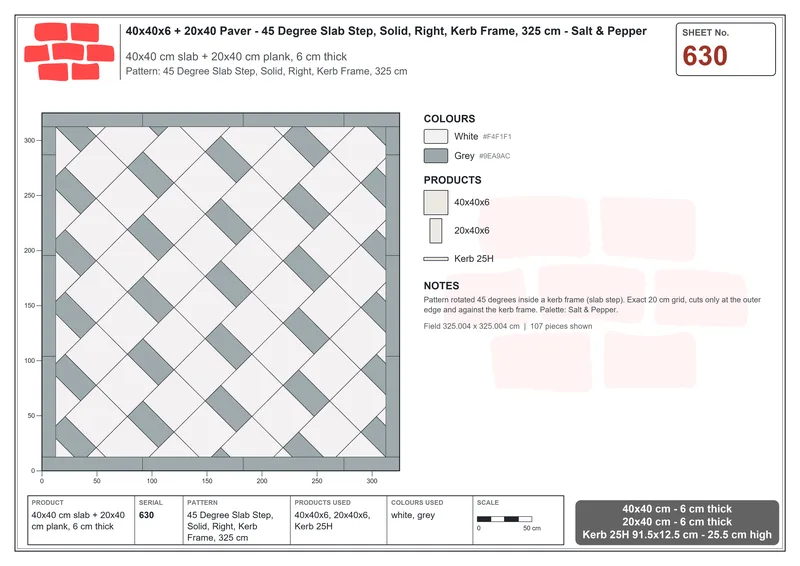 Interlock (Pasco) 40x40 cm · SQ44-630 · 45 Degree Slab Step, Solid, Right, Kerb Frame, 325 cm · Laying plan Interlock (Pasco) 40x40 cm · SQ44-630 · 45 Degree Slab Step, Solid, Right, Kerb Frame, 325 cm · Laying plan