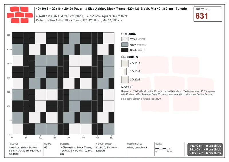 Interlock (Pasco) 40x40 cm · SQ44-631 · 3-Size Ashlar, Block Tones, 120x120 Block, Mix 42, 360 cm · Laying plan Interlock (Pasco) 40x40 cm · SQ44-631 · 3-Size Ashlar, Block Tones, 120x120 Block, Mix 42, 360 cm · Laying plan