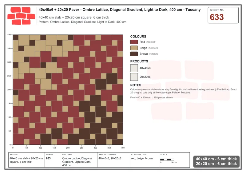 Interlock (Pasco) 40x40 cm · SQ44-633 · Ombre Lattice, Diagonal Gradient, Light to Dark, 400 cm · Laying plan Interlock (Pasco) 40x40 cm · SQ44-633 · Ombre Lattice, Diagonal Gradient, Light to Dark, 400 cm · Laying plan