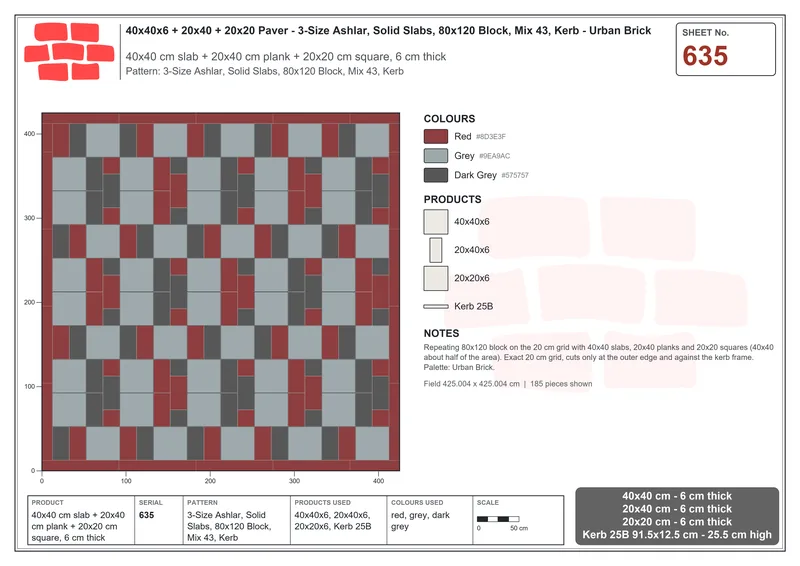 Interlock (Pasco) 40x40 cm · SQ44-635 · 3-Size Ashlar, Solid Slabs, 80x120 Block, Mix 43, Kerb · Laying plan Interlock (Pasco) 40x40 cm · SQ44-635 · 3-Size Ashlar, Solid Slabs, 80x120 Block, Mix 43, Kerb · Laying plan