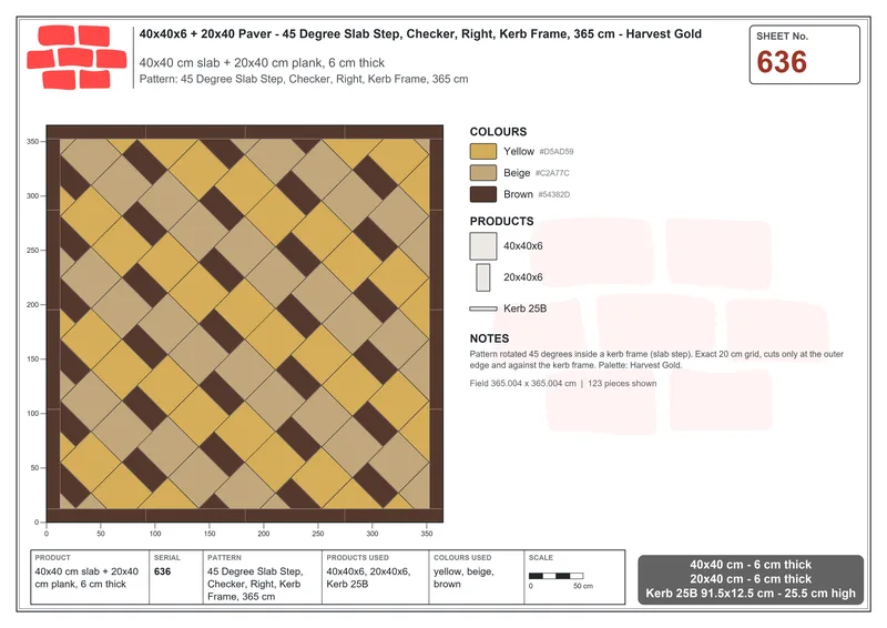 Interlock (Pasco) 40x40 cm · SQ44-636 · 45 Degree Slab Step, Checker, Right, Kerb Frame, 365 cm · Laying plan Interlock (Pasco) 40x40 cm · SQ44-636 · 45 Degree Slab Step, Checker, Right, Kerb Frame, 365 cm · Laying plan