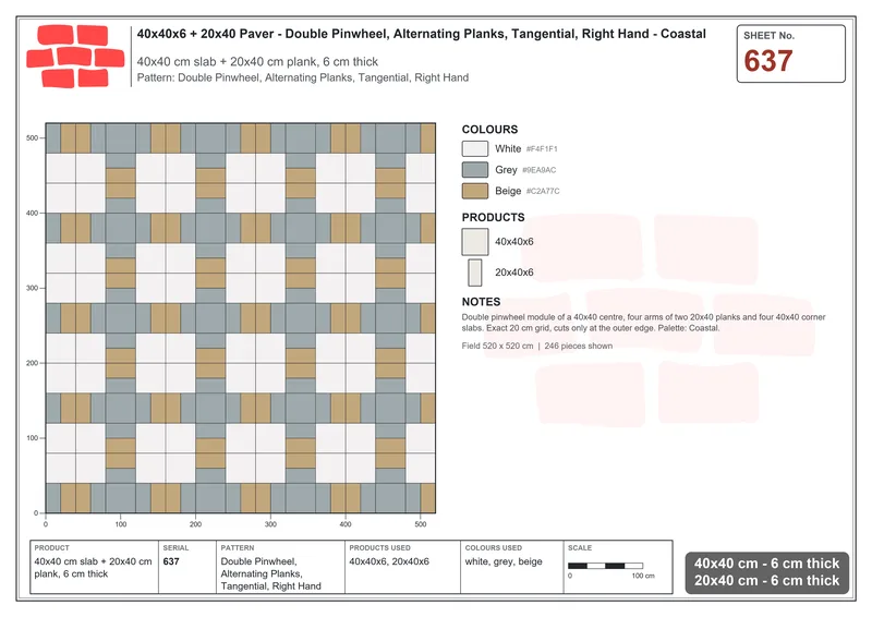 Interlock (Pasco) 40x40 cm · SQ44-637 · Double Pinwheel, Alternating Planks, Tangential, Right Hand · Laying plan Interlock (Pasco) 40x40 cm · SQ44-637 · Double Pinwheel, Alternating Planks, Tangential, Right Hand · Laying plan