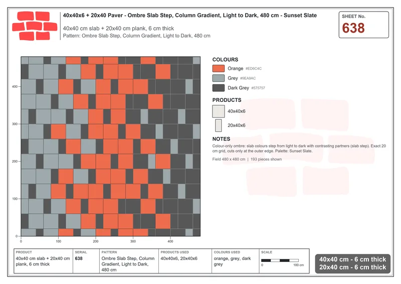 Interlock (Pasco) 40x40 cm · SQ44-638 · Ombre Slab Step, Column Gradient, Light to Dark, 480 cm · Laying plan Interlock (Pasco) 40x40 cm · SQ44-638 · Ombre Slab Step, Column Gradient, Light to Dark, 480 cm · Laying plan