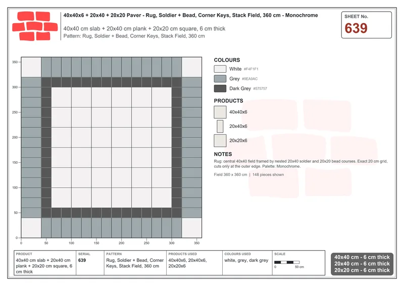Interlock (Pasco) 40x40 cm · SQ44-639 · Rug, Soldier + Bead, Corner Keys, Stack Field, 360 cm · Laying plan Interlock (Pasco) 40x40 cm · SQ44-639 · Rug, Soldier + Bead, Corner Keys, Stack Field, 360 cm · Laying plan