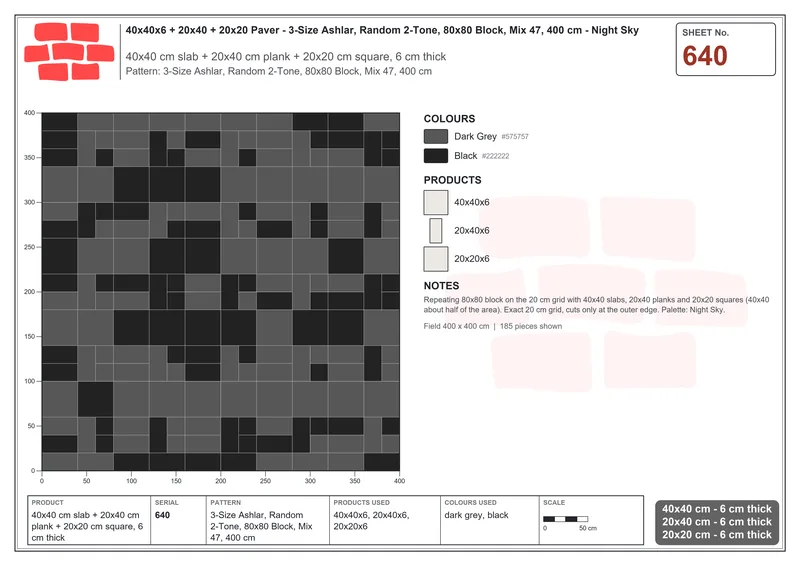 Interlock (Pasco) 40x40 cm · SQ44-640 · 3-Size Ashlar, Random 2-Tone, 80x80 Block, Mix 47, 400 cm · Laying plan Interlock (Pasco) 40x40 cm · SQ44-640 · 3-Size Ashlar, Random 2-Tone, 80x80 Block, Mix 47, 400 cm · Laying plan