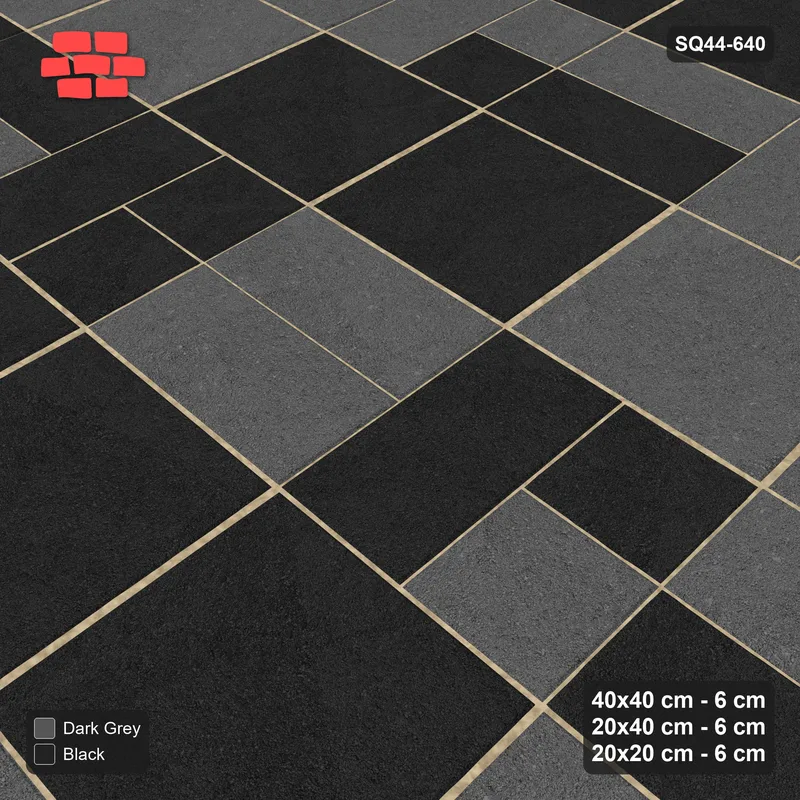 Interlock (Pasco) 40x40 cm · SQ44-640 · 3-Size Ashlar, Random 2-Tone, 80x80 Block, Mix 47, 400 cm · Side view Interlock (Pasco) 40x40 cm · SQ44-640 · 3-Size Ashlar, Random 2-Tone, 80x80 Block, Mix 47, 400 cm · Side view