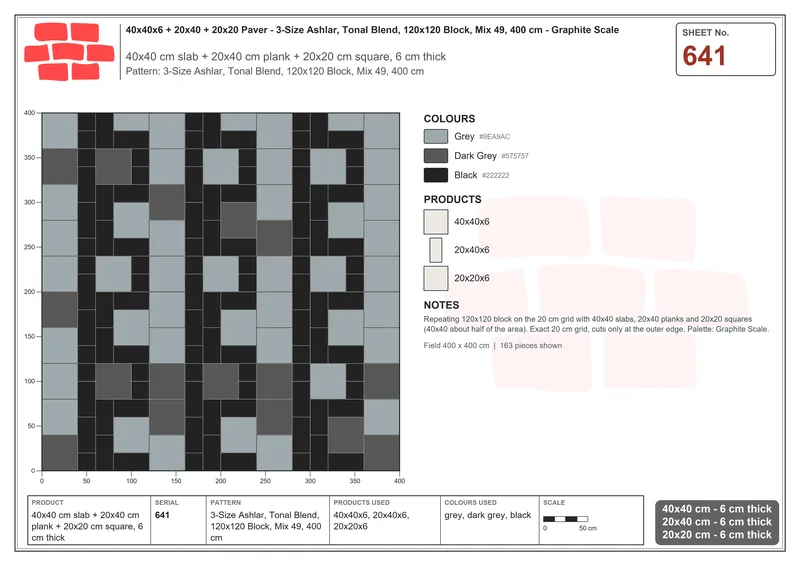 Interlock (Pasco) 40x40 cm · SQ44-641 · 3-Size Ashlar, Tonal Blend, 120x120 Block, Mix 49, 400 cm · Laying plan Interlock (Pasco) 40x40 cm · SQ44-641 · 3-Size Ashlar, Tonal Blend, 120x120 Block, Mix 49, 400 cm · Laying plan