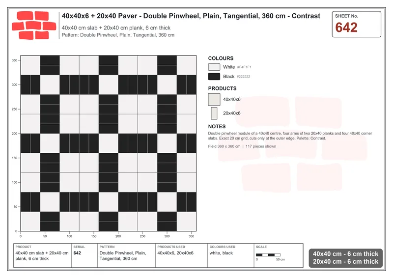 Interlock (Pasco) 40x40 cm · SQ44-642 · Double Pinwheel, Plain, Tangential, 360 cm · Laying plan Interlock (Pasco) 40x40 cm · SQ44-642 · Double Pinwheel, Plain, Tangential, 360 cm · Laying plan