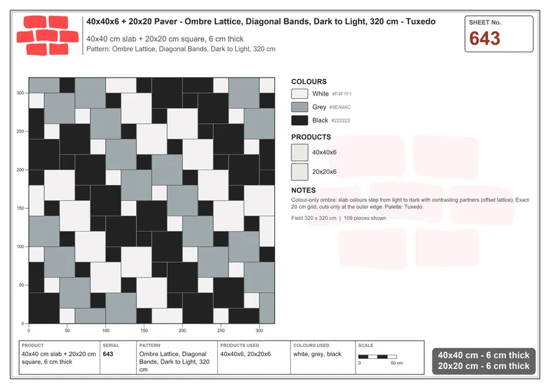 Interlock (Pasco) 40x40 cm · SQ44-643 · Ombre Lattice, Diagonal Bands, Dark to Light, 320 cm · Laying plan Interlock (Pasco) 40x40 cm · SQ44-643 · Ombre Lattice, Diagonal Bands, Dark to Light, 320 cm · Laying plan