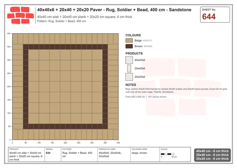 Interlock (Pasco) 40x40 cm · SQ44-644 · Rug, Soldier + Bead, 400 cm · Laying plan Interlock (Pasco) 40x40 cm · SQ44-644 · Rug, Soldier + Bead, 400 cm · Laying plan