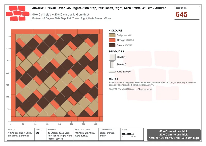 Interlock (Pasco) 40x40 cm · SQ44-645 · 45 Degree Slab Step, Pair Tones, Right, Kerb Frame, 380 cm · Laying plan Interlock (Pasco) 40x40 cm · SQ44-645 · 45 Degree Slab Step, Pair Tones, Right, Kerb Frame, 380 cm · Laying plan