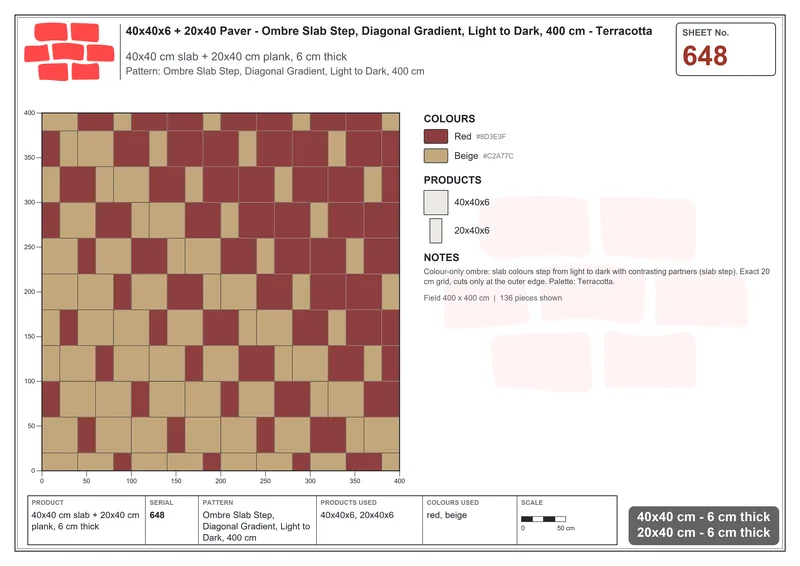 Interlock (Pasco) 40x40 cm · SQ44-648 · Ombre Slab Step, Diagonal Gradient, Light to Dark, 400 cm · Laying plan Interlock (Pasco) 40x40 cm · SQ44-648 · Ombre Slab Step, Diagonal Gradient, Light to Dark, 400 cm · Laying plan