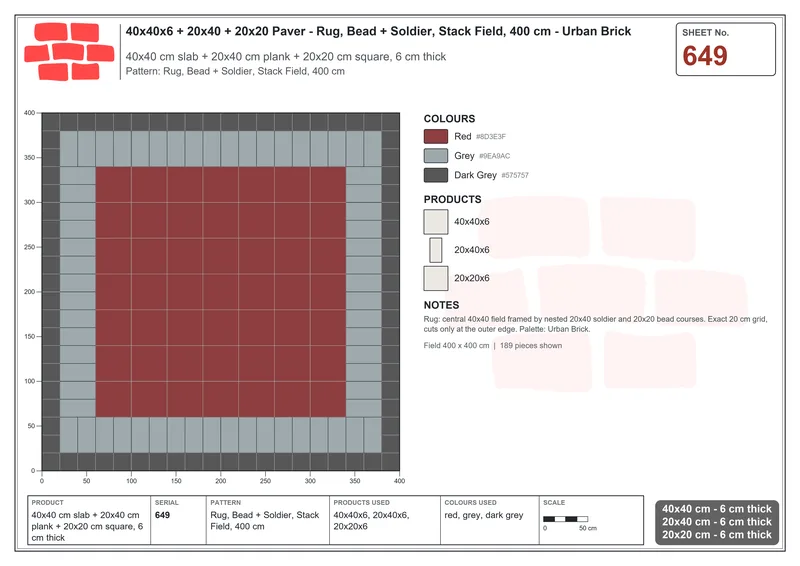 Interlock (Pasco) 40x40 cm · SQ44-649 · Rug, Bead + Soldier, Stack Field, 400 cm · Laying plan Interlock (Pasco) 40x40 cm · SQ44-649 · Rug, Bead + Soldier, Stack Field, 400 cm · Laying plan