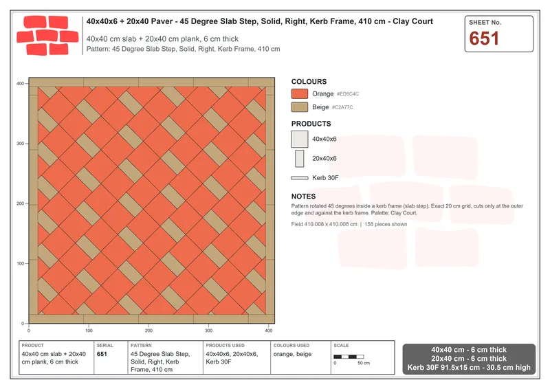 Interlock (Pasco) 40x40 cm · SQ44-651 · 45 Degree Slab Step, Solid, Right, Kerb Frame, 410 cm · Laying plan Interlock (Pasco) 40x40 cm · SQ44-651 · 45 Degree Slab Step, Solid, Right, Kerb Frame, 410 cm · Laying plan