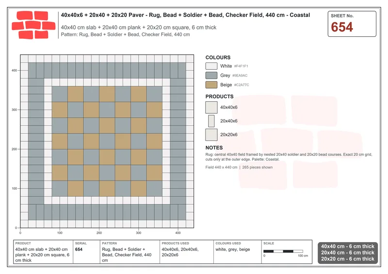 Interlock (Pasco) 40x40 cm · SQ44-654 · Rug, Bead + Soldier + Bead, Checker Field, 440 cm · Laying plan Interlock (Pasco) 40x40 cm · SQ44-654 · Rug, Bead + Soldier + Bead, Checker Field, 440 cm · Laying plan