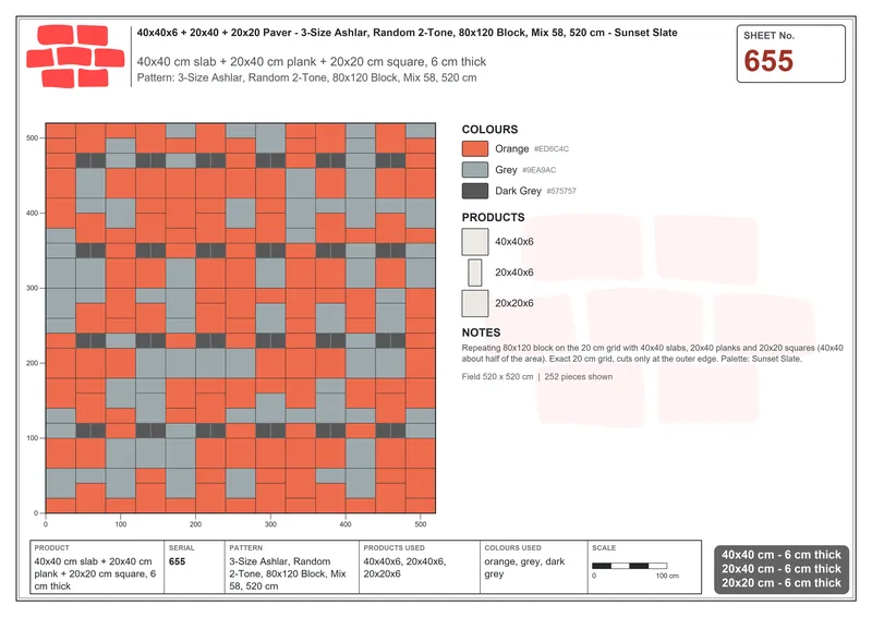Interlock (Pasco) 40x40 cm · SQ44-655 · 3-Size Ashlar, Random 2-Tone, 80x120 Block, Mix 58, 520 cm · Laying plan Interlock (Pasco) 40x40 cm · SQ44-655 · 3-Size Ashlar, Random 2-Tone, 80x120 Block, Mix 58, 520 cm · Laying plan