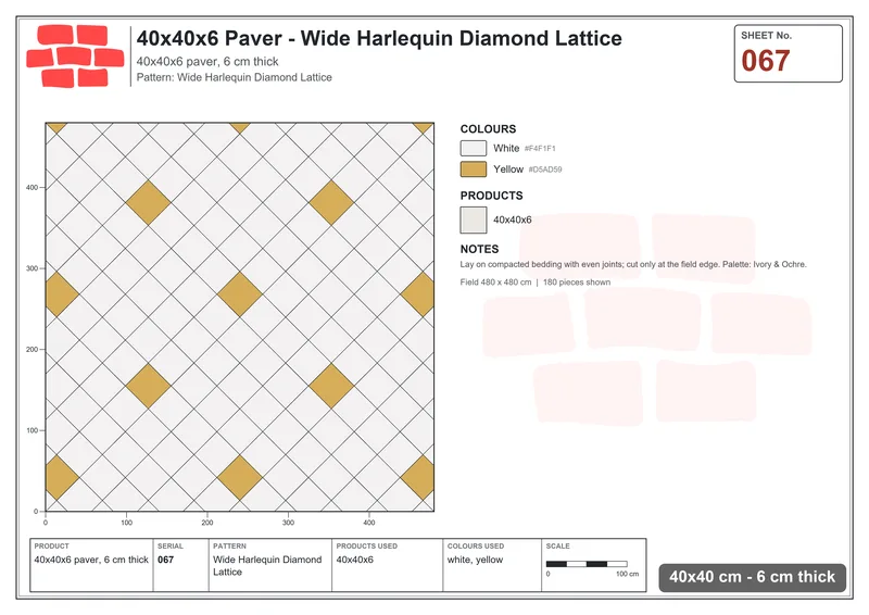 Interlock (Pasco) 40x40 cm · SQ44-67 · Wide Harlequin Diamond Lattice · Laying plan Interlock (Pasco) 40x40 cm · SQ44-67 · Wide Harlequin Diamond Lattice · Laying plan